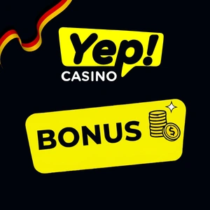 Yep Casino Logo in Schwarz, Gelb und Weiß mit dem Wort „App“ darunter, daneben zwei Handys mit Sternen drumherum.