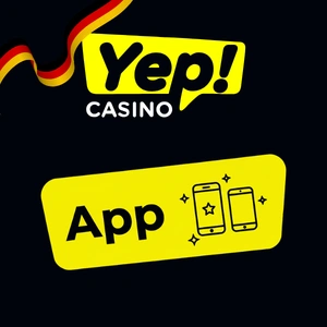 Yep Casino Logo in Schwarz, Gelb und Weiß mit dem Wort „App“ darunter, daneben zwei Handys mit Sternen drumherum.