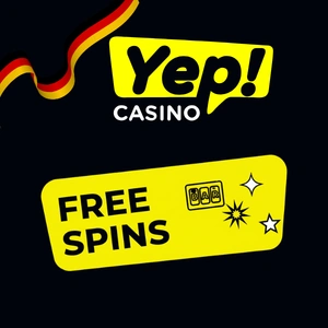 Yep Casino Logo in Schwarz, Gelb und Weiß mit dem Schriftzug „Freispiele“ darunter, umgeben von Stern- und Sonnensymbolen sowie einer Slotwalze mit BAR-Symbol.