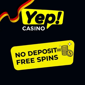 Yep Casino Logo in Schwarz, Gelb und Weiß mit dem Schriftzug „Freispiele ohne Einzahlung“ darunter, umgeben von einer Slotwalze und zwei Sternen.