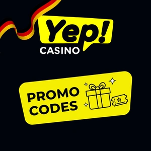 Yep Casino Logo in Schwarz, Gelb und Weiß mit dem Schriftzug „Bonuscodes“ darunter, daneben eine Geschenkbox und ein Ticket, umgeben von Sternen.