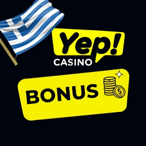 Λογότυπο Yep Casino σε κίτρινο, μαύρο και λευκό, με τη λέξη "Bonus" από κάτω και νομίσματα με το σύμβολο του δολαρίου.