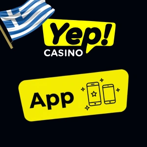 Λογότυπο Yep Casino σε μαύρο, κίτρινο και λευκό με τη λέξη "App" από κάτω, δίπλα σε δύο κινητά τηλέφωνα με αστέρια γύρω τους.