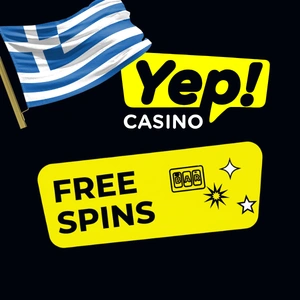 Λογότυπο Yep Casino σε μαύρο, κίτρινο και λευκό, με τη φράση "Free Spins" από κάτω, πλαισιωμένο από σύμβολα αστεριού και ήλιου και έναν κύλινδρο κουλοχέρη που δείχνει BAR.