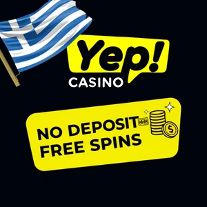 Λογότυπο του Yep Casino σε μαύρο, κίτρινο και λευκό, με τις λέξεις "No Deposit Free Spins" από κάτω, πλαισιωμένο από έναν κύλινδρο κουλοχέρη και δύο αστέρια.