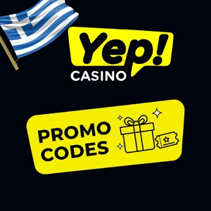 Λογότυπο Yep Casino σε μαύρο, κίτρινο και λευκό, με τη φράση "Κωδικοί Προσφοράς" από κάτω, δίπλα σε ένα κουτί δώρου και ένα εισιτήριο, με αστέρια γύρω τους.