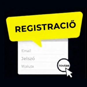 A Yep Casino logója egy regisztrációs űrlap felett látható, ahol e-mail, jelszó és pénznem mezők szerepelnek, a felhasználókat pedig a "Tovább" gombra kattintásra ösztönzi.