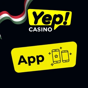 Yep Casino logó fekete, sárga és fehér színekben, alatta az "App" felirattal, mellette két telefon csillagokkal körülvéve.