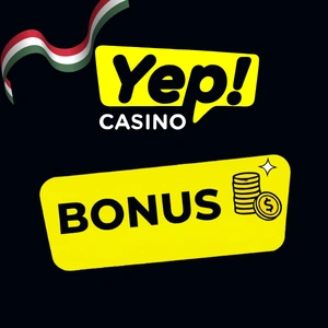 A Yep Casino logó sárga, fekete és fehér színekben, alatta a "Bonus" felirat, valamint dollárjeles érmék.