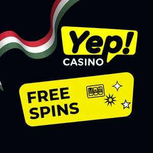 A Yep Casino logó fekete, sárga és fehér színekben, alatta a "Free Spins" felirattal, csillag és nap szimbólumokkal körülvéve, valamint egy BAR feliratot mutató nyerőgép tárcsával.