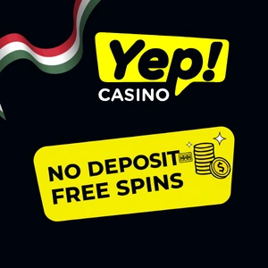 Yep Casino logó fekete, sárga és fehér színekben, alatta a "Befizetés nélküli ingyenes pörgetések" felirattal, körülötte egy nyerőgép tárcsa és két csillag.