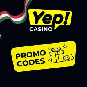 Yep Casino logó fekete, sárga és fehér színekben, alatta a "Promókódok" felirattal, mellette egy ajándékdoboz és egy jegy, csillagokkal körülvéve.