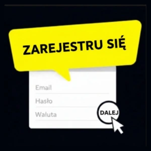 Logo Yep Casino widoczne jest nad formularzem rejestracyjnym z polami na e-mail, hasło oraz walutę. Użytkownik jest proszony o kliknięcie „Dalej”, aby przejść do kolejnego kroku.