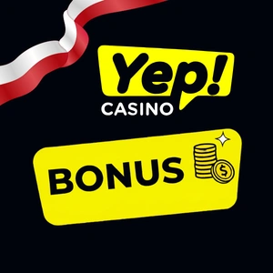 Logo Yep Casino w kolorach żółtym, czarnym i białym, z napisem „Bonus” poniżej oraz monetami z symbolem dolara.