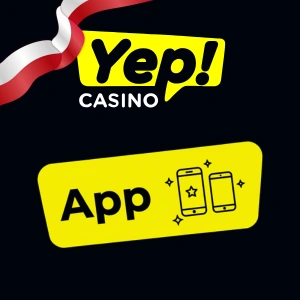 Logo Yep Casino w kolorach czarnym, żółtym i białym z napisem „App” poniżej, obok dwóch telefonów otoczonych gwiazdkami.