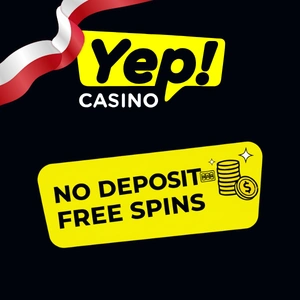 Logo Yep Casino w kolorach czarnym, żółtym i białym, z napisem „Darmowe spiny bez depozytu” poniżej, otoczone bębnem slotu i dwiema gwiazdkami.
