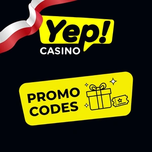 Logo Yep Casino w kolorach czarnym, żółtym i białym z napisem „Kody promocyjne” poniżej, obok pudełka z prezentem i biletu, otoczone gwiazdkami.