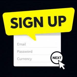 The Yep Casino logo is shown above a registration form with fields for email, password, and currency, prompting users to click "Next" to proceed.